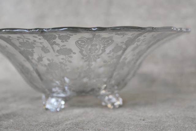 Vintage Clear Floral Etched Decorative Bowl with Lid