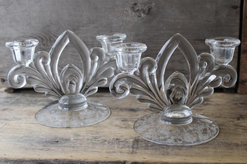 Cambridge Rose Point vintage etched glass candle holders, double light candelabra