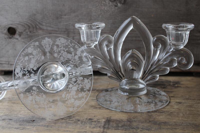 Cambridge Rose Point vintage etched glass candle holders, double light candelabra