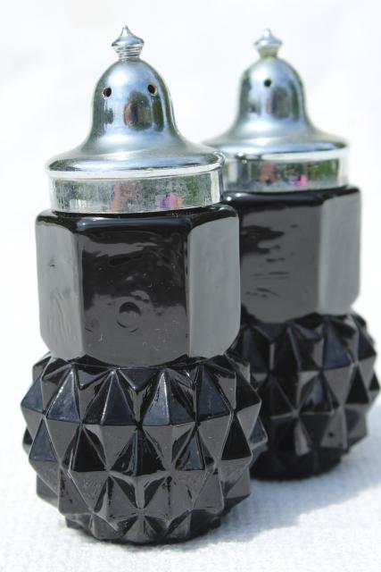 Cameo black glass salt and pepper shakers, vintage diamond point S&P set