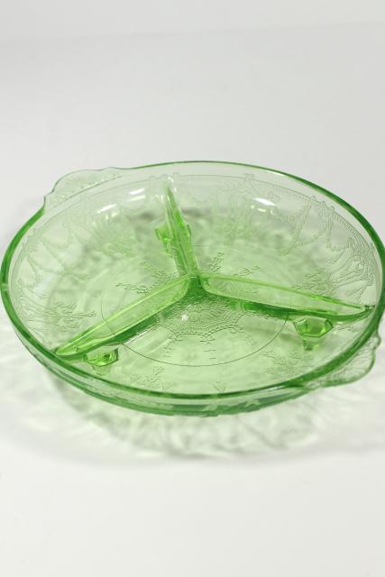 Cameo green depression glass relish three part divided bowl, vintage Anchor Hocking