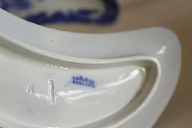 Candia flow blue, antique china bone dishes crescent shaped plates Royal Cauldon
