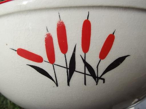 Cat Tail mixing bowls, 30s vintage Sears pottery red and black cattails
