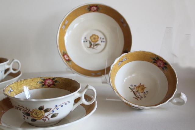 Cauldon England antique china cups & saucers, botanical w/ insects, buttercups and dragonflies