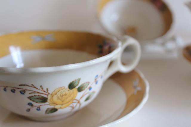 Cauldon England antique china cups & saucers, botanical w/ insects, buttercups and dragonflies