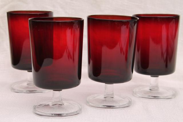 Cavalier Cristal d'Arques glasses, ruby red / crystal clear stems, vintage wine goblets