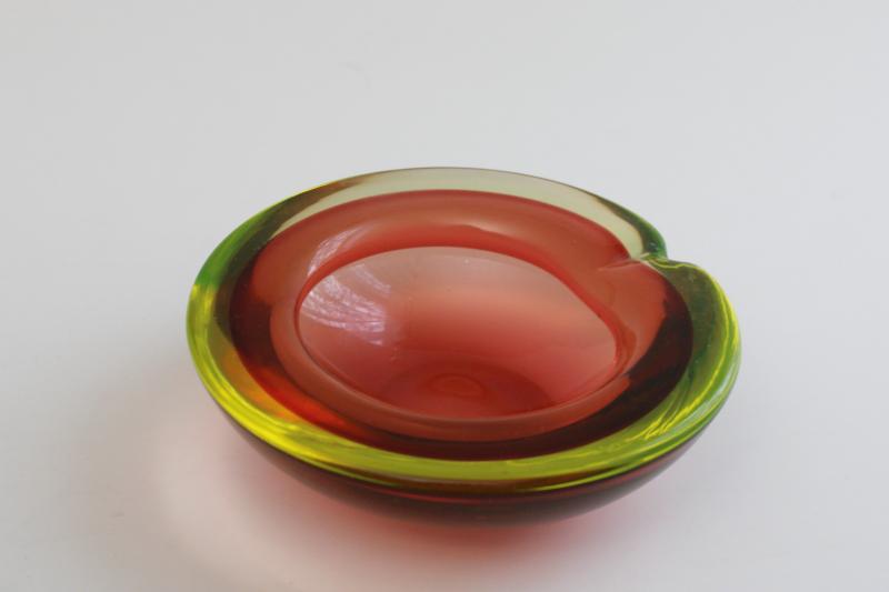 Cenedese Murano glass geode bowl or ashtray, mid-century mod vintage vaseline / orange glass