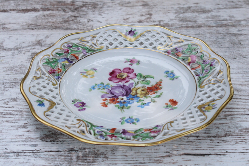 Chateau Dresden painted floral reticulated china plate open rose, vintage US Zone Schumann Bavaria