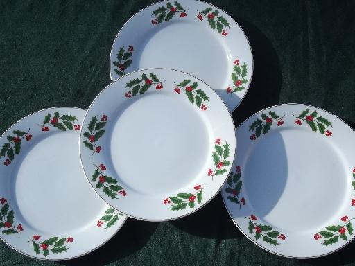 China holiday plates set, red and green Christmas holly border on white