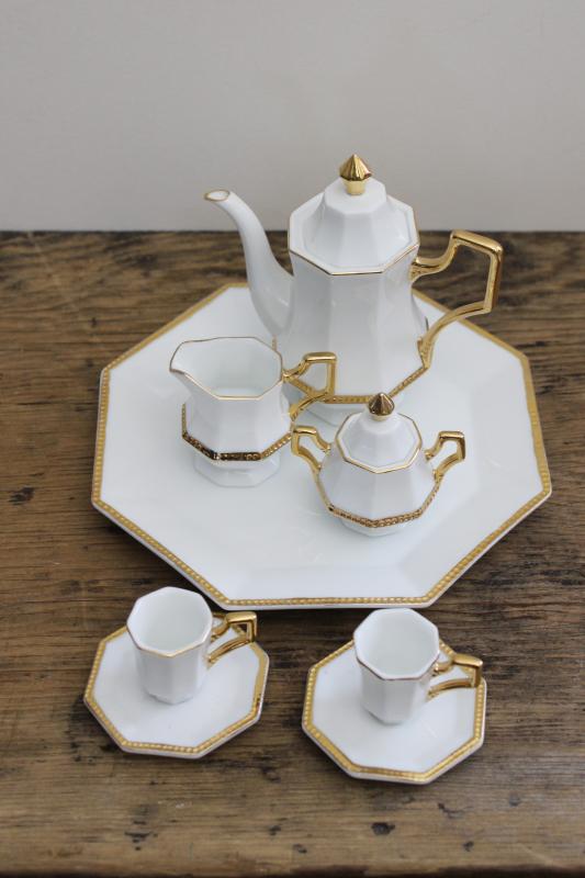 China porcelain doll dishes, miniature tea set white w/ gold, 1990s vintage
