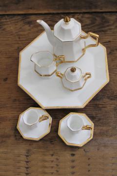 China porcelain doll dishes, miniature tea set white w/ gold, 1990s vintage
