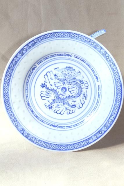 Chinese blue & white rice grain porcelain, vintage bowls, spoons, plates made in China