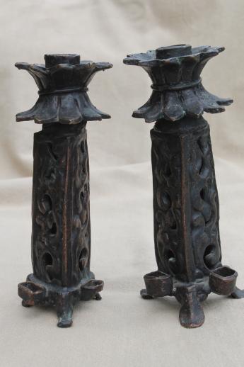Chinese bronze candlesticks, pair of candle holders to hold incense / joss sticks