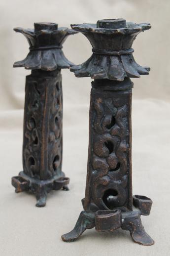 Chinese bronze candlesticks, pair of candle holders to hold incense / joss sticks