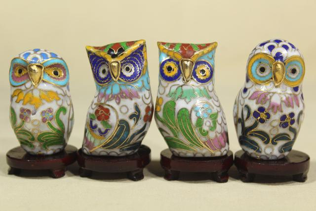 Chinese cloisonne enameled brass figurines, 1980s 1990s vintage collection of owls