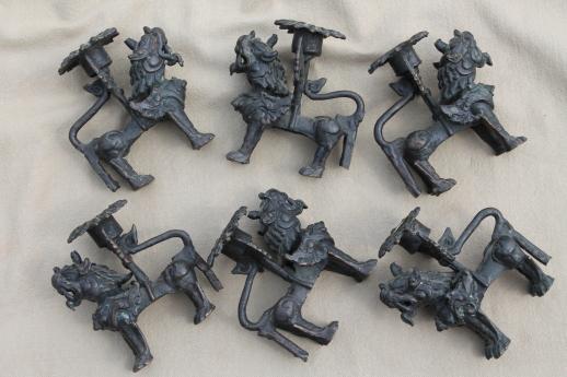 Chinese fu dog candle holders, old bronze foo dogs w/ black cast iron finish