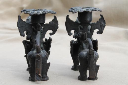Chinese fu dog candle holders, old bronze foo dogs w/ black cast iron finish