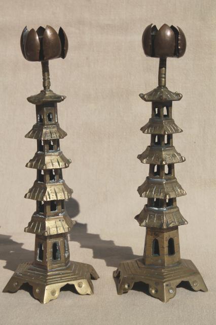Chinese pagoda pair of solid brass candlesticks, vintage China candle holders 