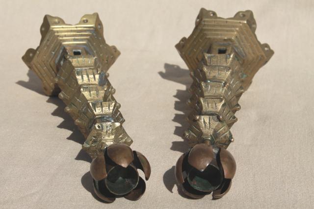 Chinese pagoda pair of solid brass candlesticks, vintage China candle holders 