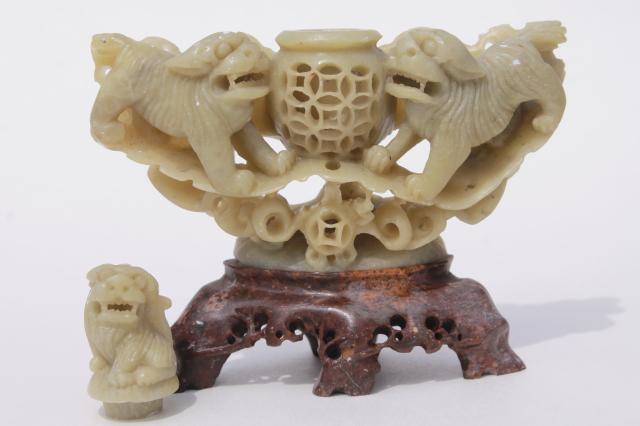 Chinese snuff bottle, vintage carved stone soapstone fu dogs, foo dog carving