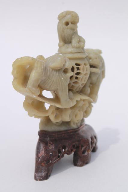 Chinese snuff bottle, vintage carved stone soapstone fu dogs, foo dog carving