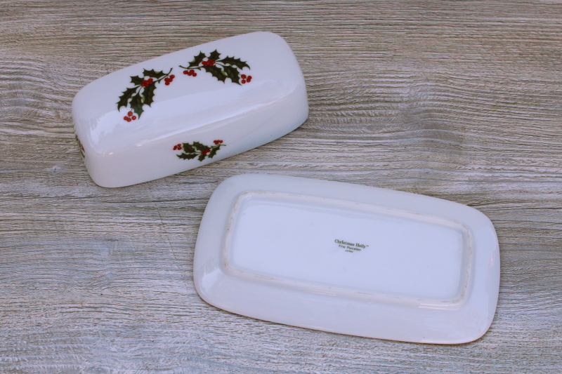 Christmas Holly fine china Japan white porcelain covered butter dish w/ green  red