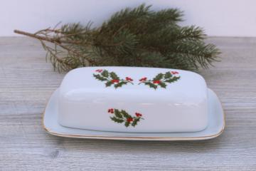 Christmas Holly fine china Japan white porcelain covered butter dish w/ green  red