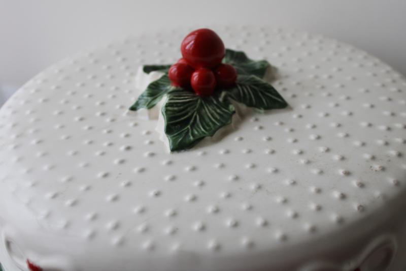 Christmas cake cover and plate w/ green & red holly, vintage ceramic made in Portugal