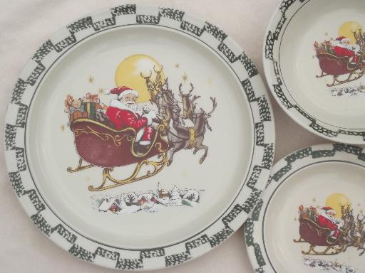 Christmas china set w/ Santa in sleigh, holiday stoneware dishes for 4