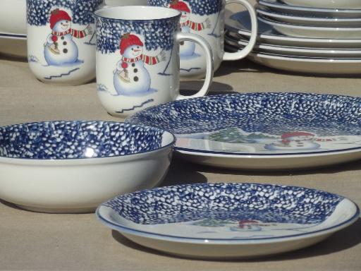 Thompson Pottery Snowman Cobalt Blue Sponge Ware Dinner Plates