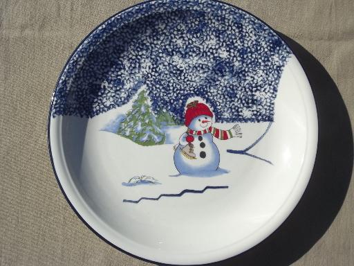 Christmas dishes set for 4, Thompson China winter snowmen spongeware
