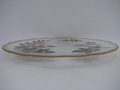 Christmas holiday footed cake plate, red cardinal birds on clear glass