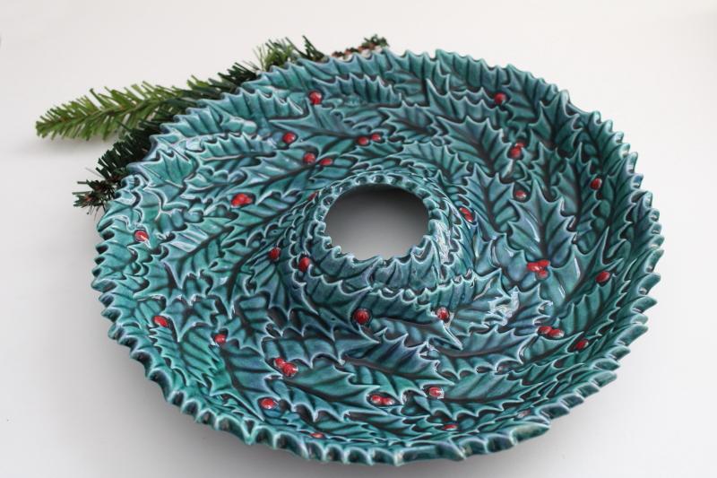 Christmas holly vintage handmade ceramic candle ring bowl or umbrella table centerpiece