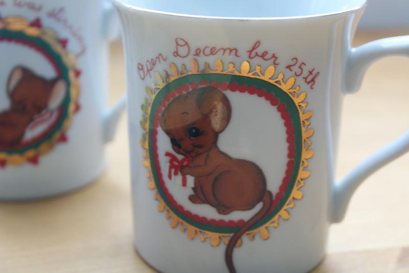 Christmas mice vintage Japan ceramic mugs, George Good big eyed mouse & kitty coffee cups