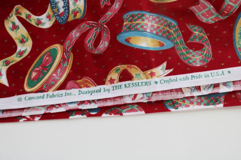 Christmas ribbons holiday theme cotton quilting fabric, vintage Kesslers print