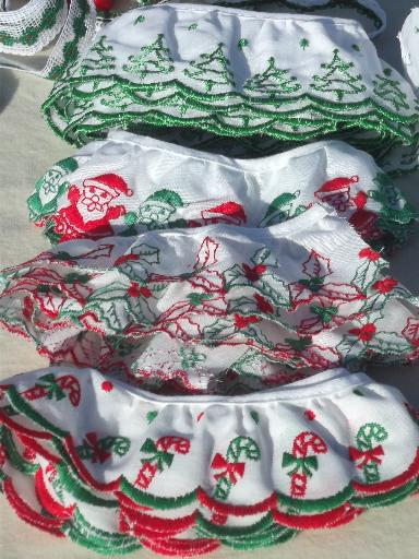 Christmas sewing trim lot, eyelet & plaid ruffle edgings & red & green lace 