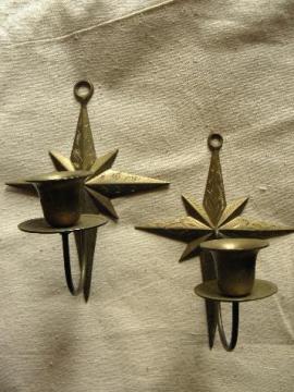 Christmas star etched solid brass wall sconces, candle sconce pair