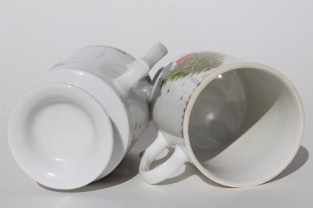 Christmas tree china coffee mugs, cream & sugar set, Lorrie label vintage Japan