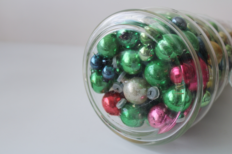 Christmas tree glass apothecary candy jar full of vintage ornaments, mini glass balls