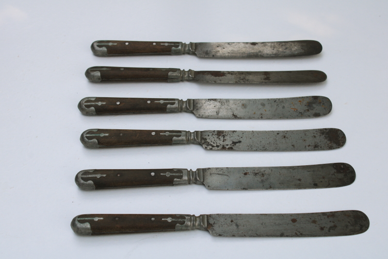 Civil War era antique dinner table knives, Universal carbon steel w/ metal trimmed wood handles