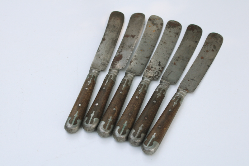 Civil War era antique dinner table knives, Universal carbon steel w/ metal trimmed wood handles