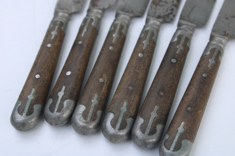 Civil War era antique dinner table knives, Universal carbon steel w/ metal trimmed wood handles