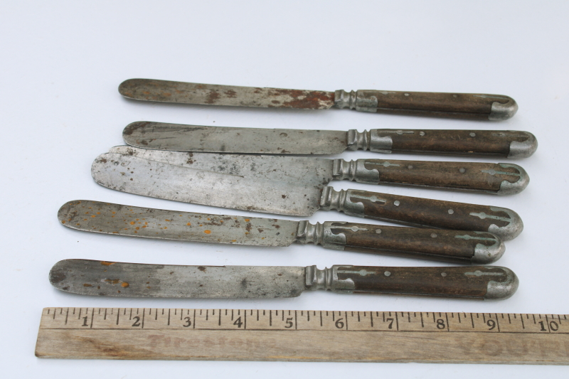 Civil War era antique dinner table knives, Universal carbon steel w/ metal trimmed wood handles