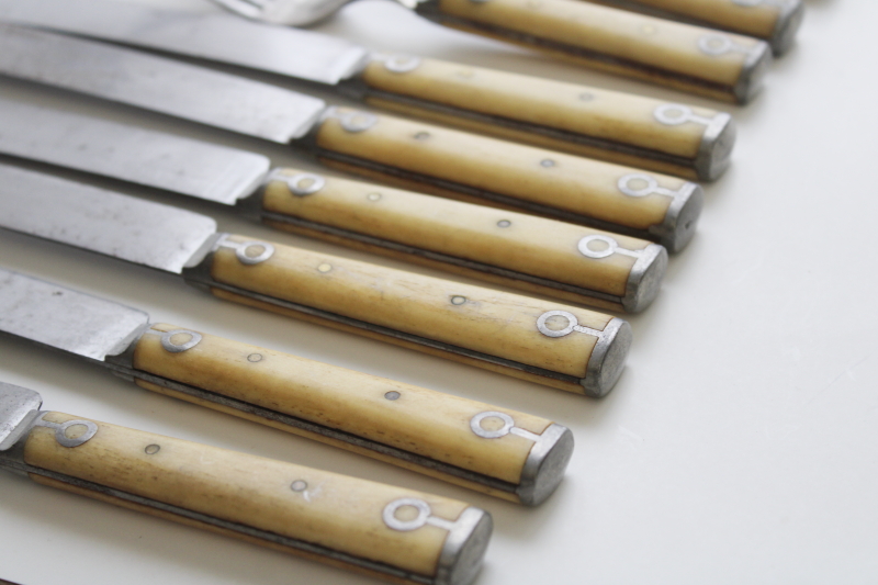 Civil war antique steel forks  table knives w/ bone handles, 1800s vintage Landers Frary Clark