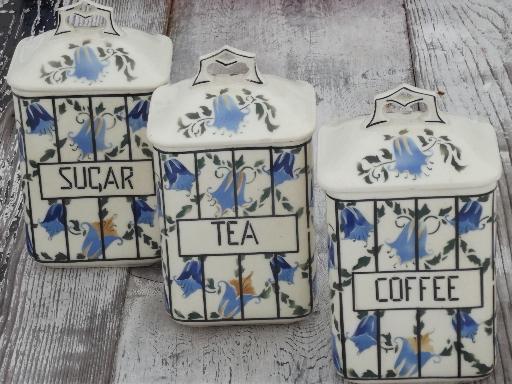 Coffee, Tea and Sugar old antique blue and white china canister jars