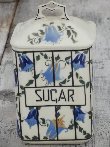 Coffee, Tea and Sugar old antique blue and white china canister jars