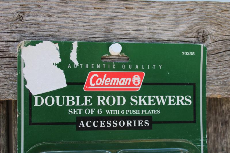 Coleman camp stove grill accessories, mint in package double rod skewers w/ push plates