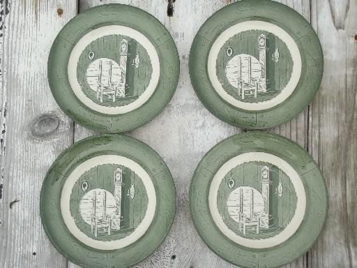 Colonial Homestead green & white transferware, vintage Royal china dishes