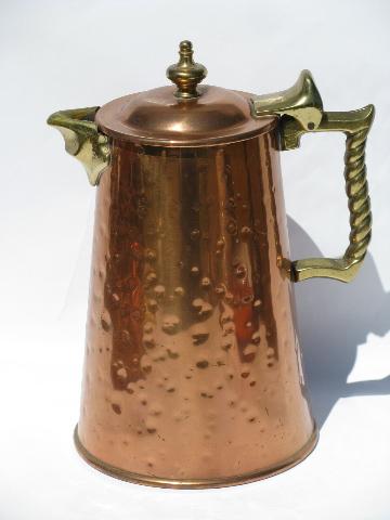 Colonial Ware hammered copper coffee set, pot w/ sugar, cream pitcher on tray