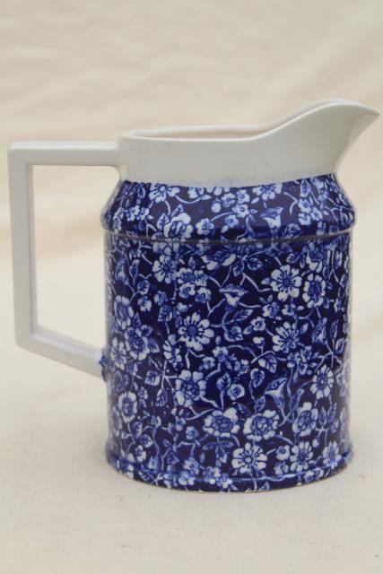 Colonial calico blue & white chintz china pitcher, new old stock vintage Japan